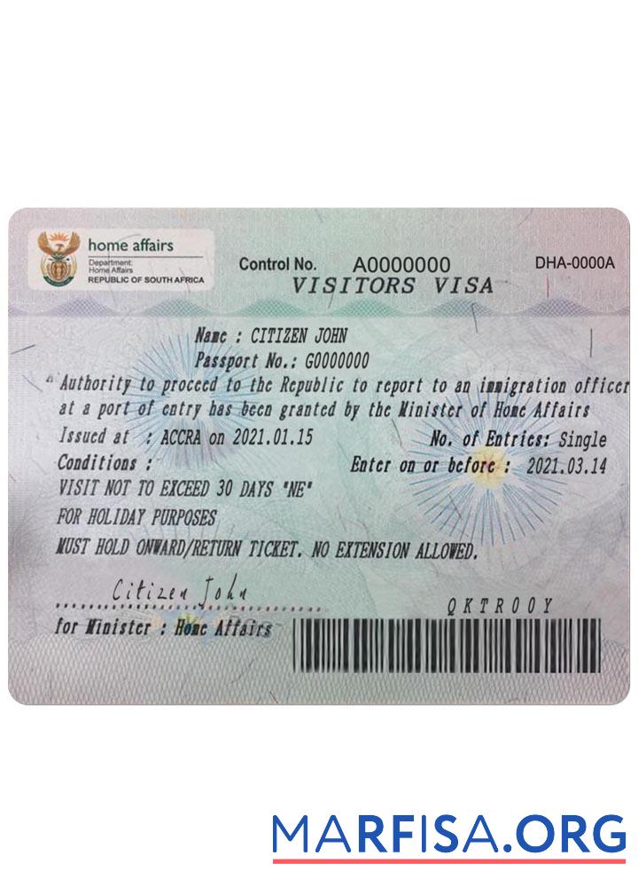 Realistic South Africa visa example